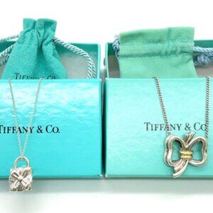 Auth Tiffany & Co. Lock & ribbon motif necklace 18K g SV925 Set 2 W/Box SK110671